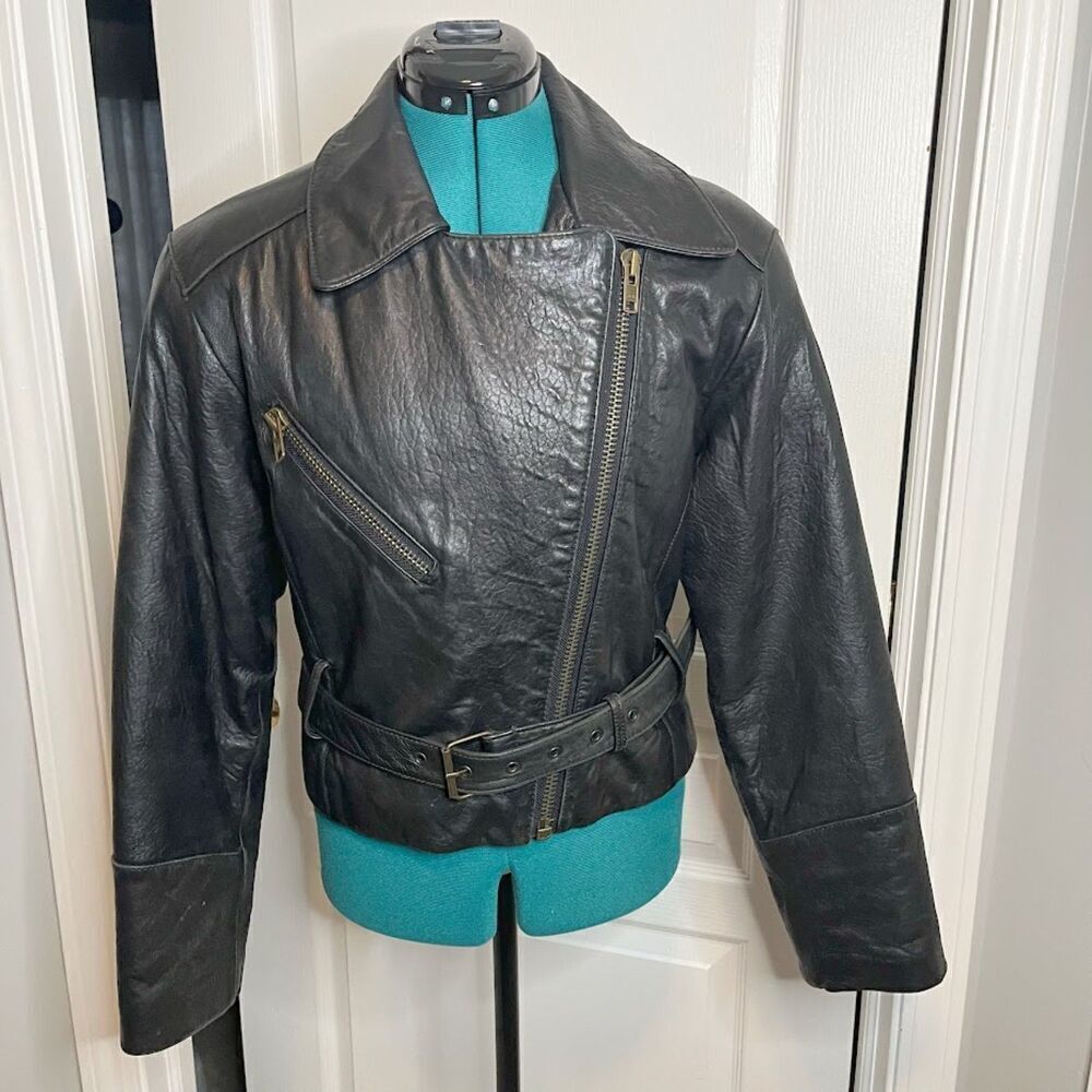 Express Vintage Genuine Leather Moto Biker Full Zip Pocket Belted Crop Jacket